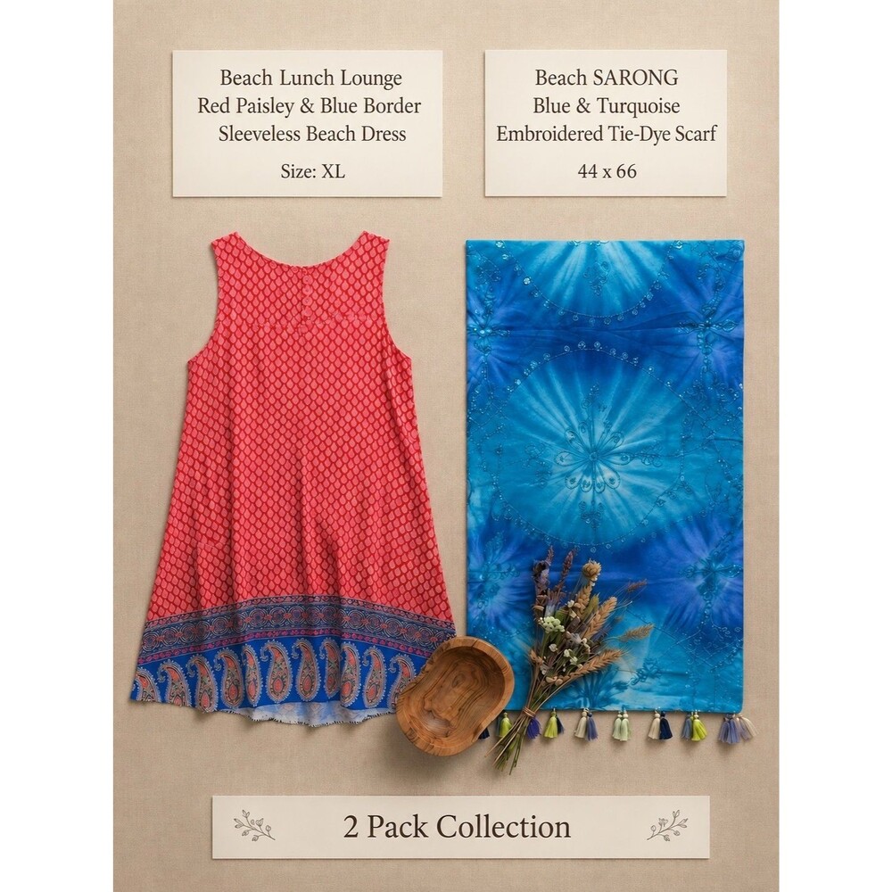 2 PACK LOT! Beach Lunch Lounge XL Dress & Blue Sarong Boho Vacation Cruise